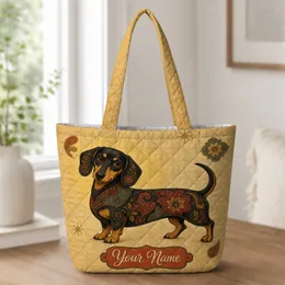 Warm Vintage Retro Black And Tan Dachshund Folk Art For Travel, Gym, And Dog Lover Weekends Quilted Tote Bag