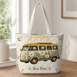Vintage Daisy Flower Bus for Everyday Travel, Commuting and Weekend Adventure Trips Quilted Tote Bag