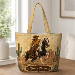 Western Cowboy And Pinto Horse Desert Scene For Travel And Everyday Western Style Quilted Tote Bag