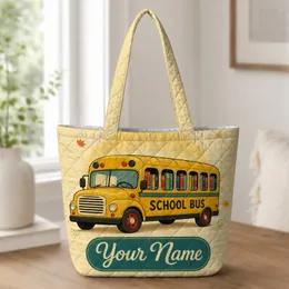 Vintage School Bus Book Lover Back To School Teacher Gift For Library Book Readers Quilted Tote Bag