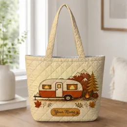 Retro Camper Autumn Mountain Road Trip Travel Essential For Outdoor Camping Lovers Quilted Tote Bag