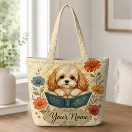 Cream Toy Dog With Storybook And Flowers Everyday Gift For Dog Lovers And Bookworms Quilted Tote Bag
