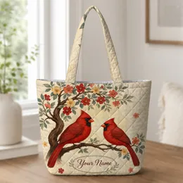 Red Cardinal Bird Pair With Floral Woodland Scene Everyday Carry Gift for Bird Lovers Quilted Tote Bag
