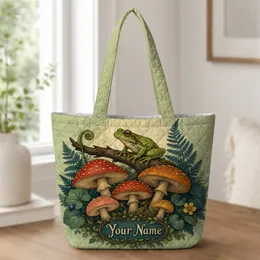 Green Tree Frog And Woodland Mushrooms For Nature Lovers, Camping Trips And Errands Quilted Tote Bag