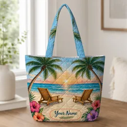 Tropical Beach Sunset With Palm Trees For Vacation Travel And Coastal Gift Giving Quilted Tote Bag