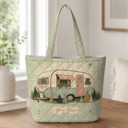 Vintage Camper Van With Wildflowers Travel Gift for Camping Lovers and Road Trip Adventures Quilted Tote Bag