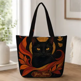 Black Cat Amber Eyes Autumn Color Block Art for Halloween Gifts for All Cat Lovers Quilted Tote Bag