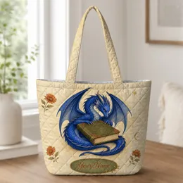 Blue Dragon and Antique Book Fantasy Travel Carryall for Book Lovers and Tabletop Gamers Quilted Tote Bag