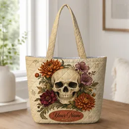 Floral Skull With Your Name For Gothic Halloween Gifts And Autumn Everyday Style Quilted Tote Bag