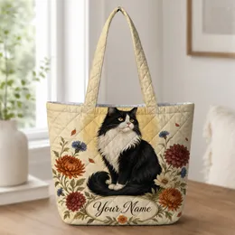 Black And White Tuxedo Cat With Autumn Wildflowers For Daily Errands Cat Lover Gift Quilted Tote Bag