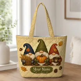 Autumn Harvest Gnomes With Pumpkin Coffee For Cozy Fall Market Trips And Nordic Folk Fans Quilted Tote Bag