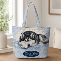 Blue-Eyed Siberian Husky Snowflake Winter Companion For Dog Lovers Weekend Outings Quilted Tote Bag