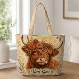 Highland Cow With Floral Wreath Rustic Farmhouse Gift for Cow Lovers and Country Fans Quilted Tote Bag