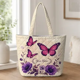 Magenta Butterfly And Violet Floral Embroidered Style For Romantic Daily Use For Women Quilted Tote Bag