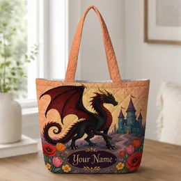 Black Dragon Castle Flower Meadow Fantasy For Halloween Gifts And Everyday Women Quilted Tote Bag