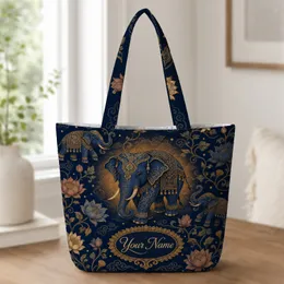 Midnight Blue Elephant Lotus Brocade For Boho Travel And Thoughtful Gift Giving Quilted Tote Bag