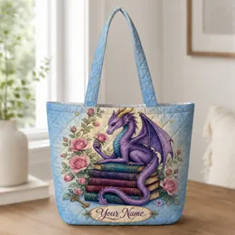 Purple Dragon With Roses And Antique Storybooks For Book Lovers And Fantasy Readers Quilted Tote Bag