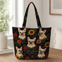 French Bulldog Sunflower Floral Gift For Dog Moms Autumn Travel And Everyday Carry Quilted Tote Bag