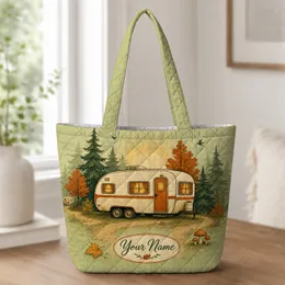 Vintage Camper In Autumn Forest For Camping Weekends And RV Road Trip Lovers Gift Quilted Tote Bag