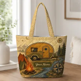 Retro Camping Trailer Campfire Compass For Road Trips And Outdoor Adventure Lovers Quilted Tote Bag