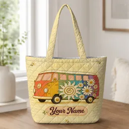 Retro Rainbow Camper Bus With Daisies For Road Trips, Festivals And Everyday Carry Quilted Tote Bag