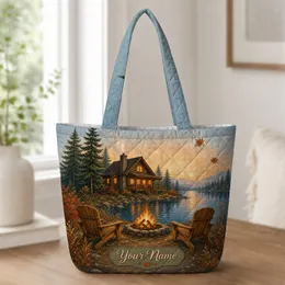 Autumn Lakeside Cabin Bonfire Scene For Cozy Camping Getaways And Rustic Cabin Lovers Quilted Tote Bag