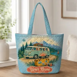 Retro Vintage Camper Van Coastal Road Trip Gift For Campers And Summer Travel Lovers Quilted Tote Bag