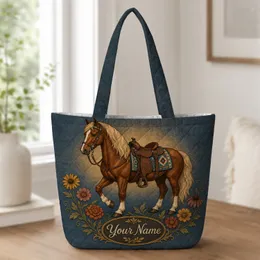 Vintage Western Horse With Autumn Flowers For Ranch Travel And Daily Carry Lovers Quilted Tote Bag