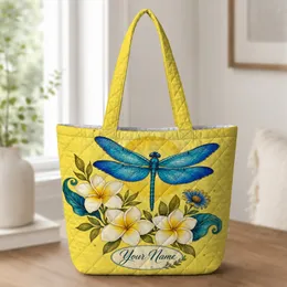 Blue Dragonfly And Plumeria Flowers For Summer Travel, Beach Days And Daily Carry For Her Quilted Tote Bag
