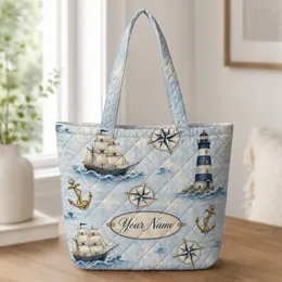 Vintage Nautical Lighthouse Anchor Compass Sailing Ship Beach Travel Gift For Her Quilted Tote Bag