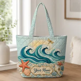 Ocean Waves Starfish And Seashells For Beach Trips, Market Days And Coastal Carry Quilted Tote Bag