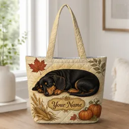 Sleeping Black And Tan Dachshund With Autumn Pumpkins for Dog Mom Fall Market Days Quilted Tote Bag