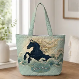 Galloping Horse Ocean Waves Name Gift For Equestrian Beach Lovers Daily Errand Carry Quilted Tote Bag