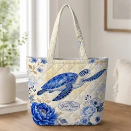 Blue Sea Turtle Floral Coastal Beach Companion for Travel Shopping and Everyday Use Quilted Tote Bag