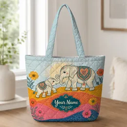 Colorful Bohemian Elephant Family For Travel, Gym, And Weekend Getaways For Women Quilted Tote Bag