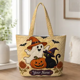 Halloween Ghost Cat And Pumpkin For Trick Or Treat Nights And Fall Seasonal Gifting Quilted Tote Bag