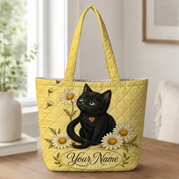 Black Kitten With White Daisies For Daily Errands, Shopping And Cat Lover Gift Use Quilted Tote Bag
