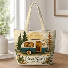 Vintage Travel Trailer Camping Scene for Outdoor Adventures and Road Trip Lovers Gift Quilted Tote Bag
