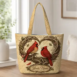 Red Cardinal Love Birds In Woodland Heart For Romantic Gifts And Everyday Outings Quilted Tote Bag