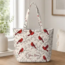 Red Cardinal Birds And Berry Branches For Winter Shopping And Bird Lovers Gifts Quilted Tote Bag