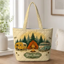 Vintage Camping Trailer Tent Scene For Road Trips, Campers And Outdoor Enthusiasts Quilted Tote Bag