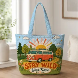 Retro Camper Van Stay Wild Road Trip Gift For Camping Travel And Adventure Lovers Quilted Tote Bag