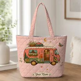 Vintage Camper Van With Flowers And Squirrel Road Trip Gift For Adventure Lovers Quilted Tote Bag