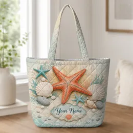 Coral Starfish And Shells For Beach Trips, Summer Travel And Coastal Gift Giving Quilted Tote Bag