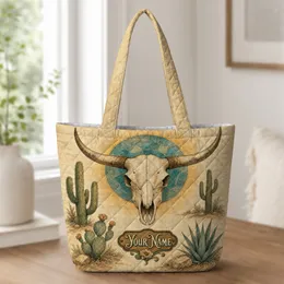 Western Longhorn Skull Cactus Desert Motif for Travel, Rodeo Days and Cowgirl Gifts Quilted Tote Bag