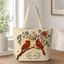 Red Cardinal Birds With Floral Garden For Everyday Shopping And Travel Bird Lovers Quilted Tote Bag