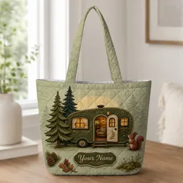Vintage Forest Caravan And Squirrel For Camping Trips And Nature Loving Women Gift Quilted Tote Bag
