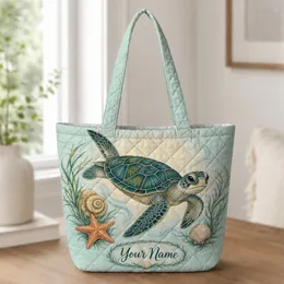 Green Sea Turtle Coastal Botanical Beach Gift For Ocean Lovers And Daily Errands Quilted Tote Bag