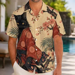 Samurai Black Cat Cherry Blossom Kimono For Japan Travel And Anime Festival Fans Hawaiian Shirt