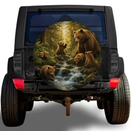 Bear Family Forest Creek Scene for Jeep Camping, Outdoor Adventures and Nature Lovers Spare Tire Cover